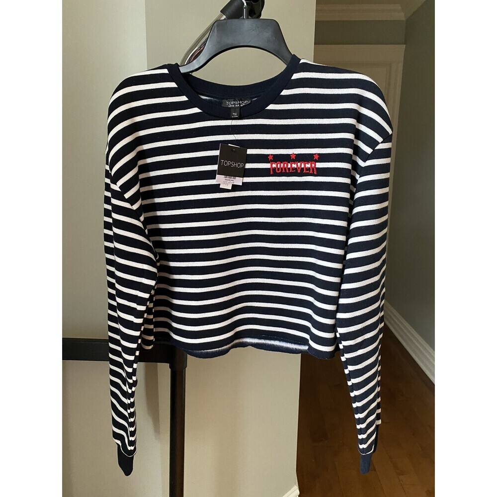 Topshop Women's Forever Striped Crew Neck Sweatshirt White/Navy Stripe Size 4 US